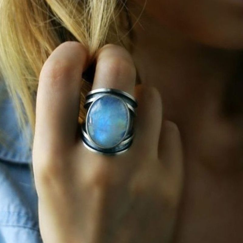 bague chevalière Pierre de Lune "Royale" plaqué argent, cadeau femme homme