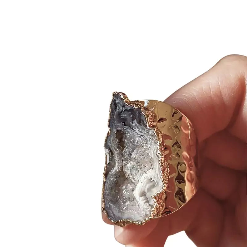 Bague Cristal Agate Blanche "Essence" plaqué or, cadeau homme et femme