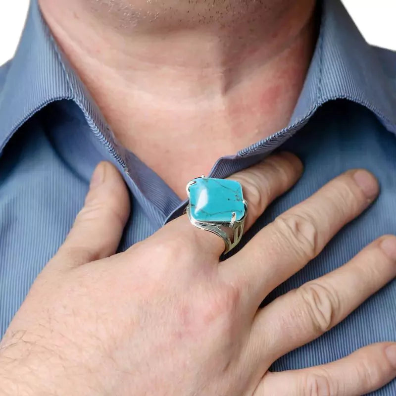 bague pierre turquoise "Carré", cadeau homme, femme et ados