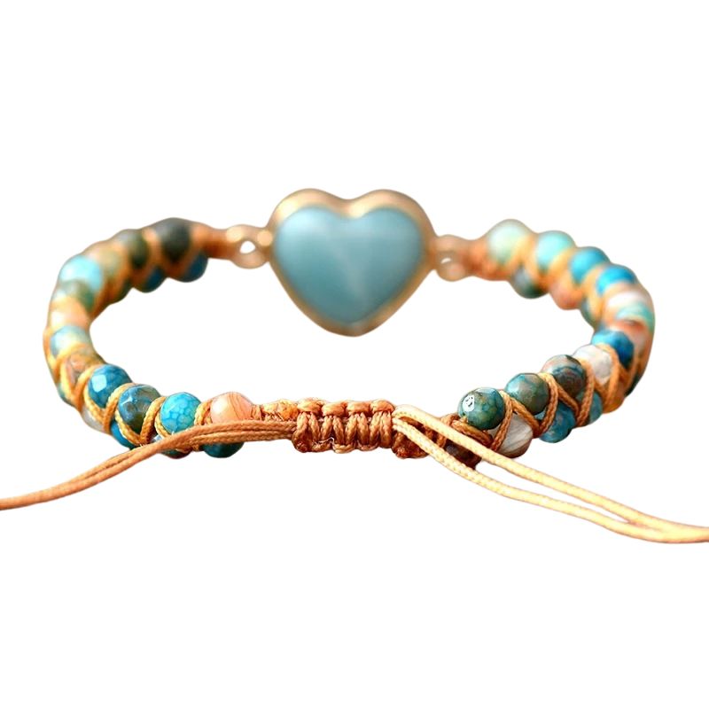 Bracelet Cœur d'Amazonite tressé ajustable, cadeau femme pour anniversaire, fêtes, Noël, Saint-Valentin