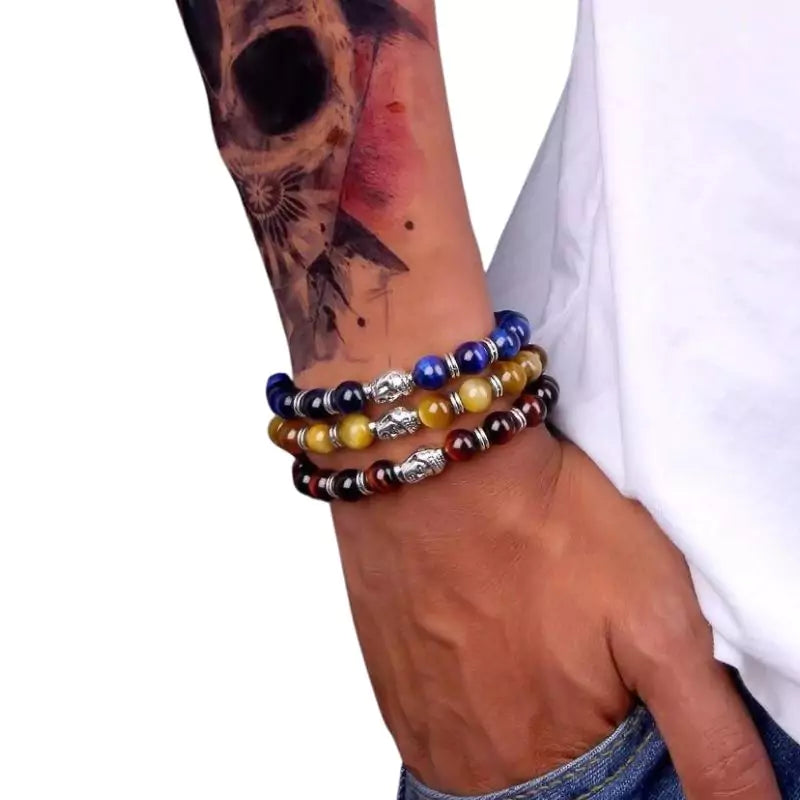 bracelet oeil de faucon bleu "Buddha" or, cadeau lithothérapie femme et homme  
