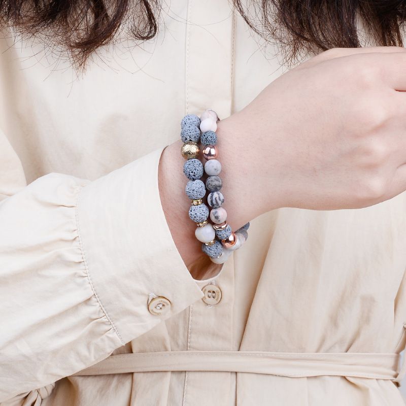 bracelet ouate en pierre de lave  et agate 18 cm, cadeau femme et fêtes