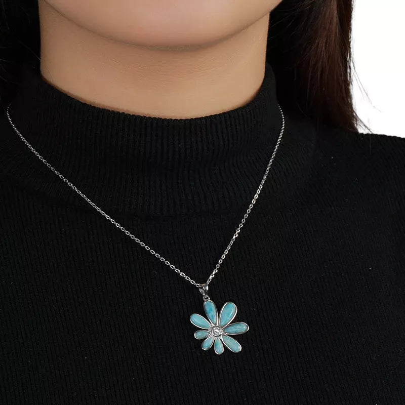 Pendentif Larimar "Fleur d’Onde" argent 925, cadeau femme lithothérapie